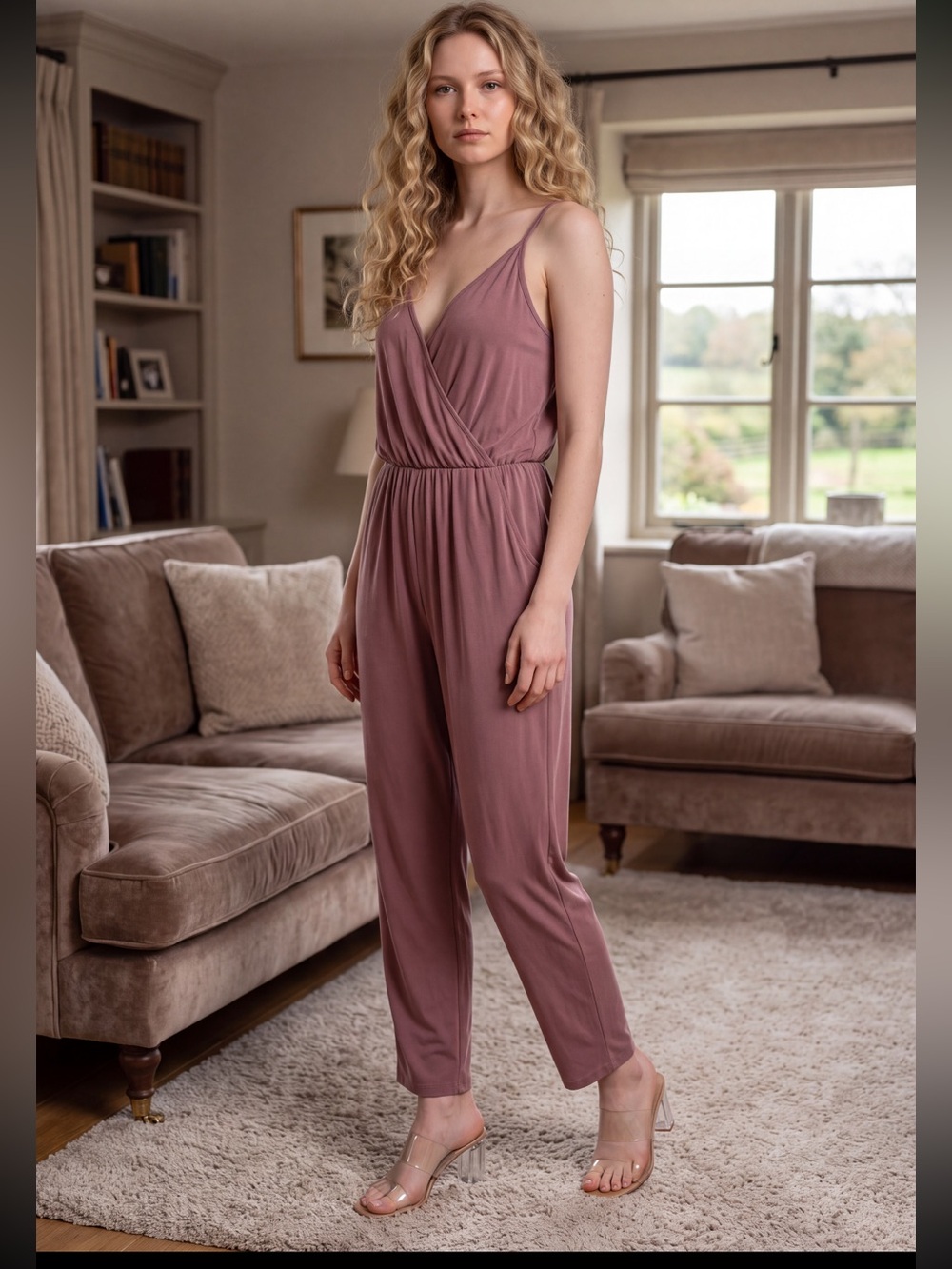 Sleeveless Dusty Mauve Wrap Jumpsuit with Elastic Waist